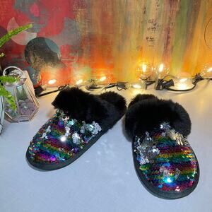 Comfy Slippers, Cute, Faux Fur, Rainbow
